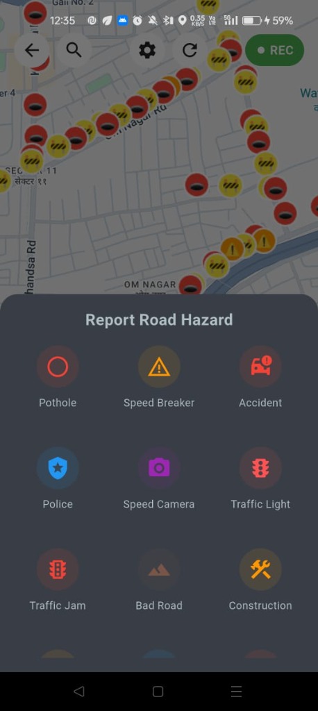 IndiaRoad Map hazard reporting screen for submitting potholes and road condition updates