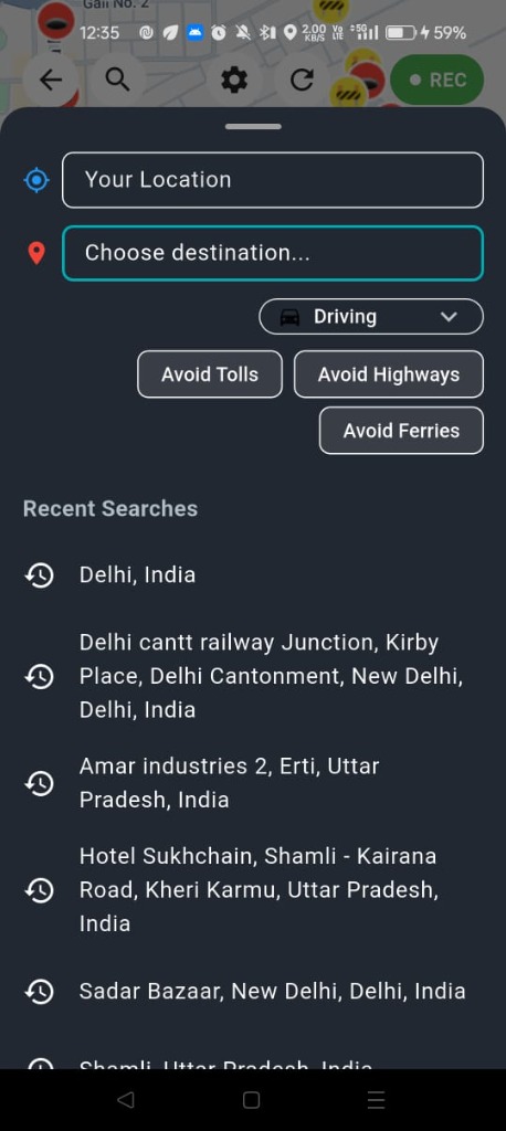 IndiaRoad Map destination search screen for planning a safer route in India